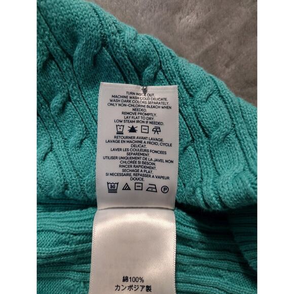 Lands End Women's 1XL Teal Cable Knit Cotton Sweater Drifter Rolled Neckline - Picture 9 of 11